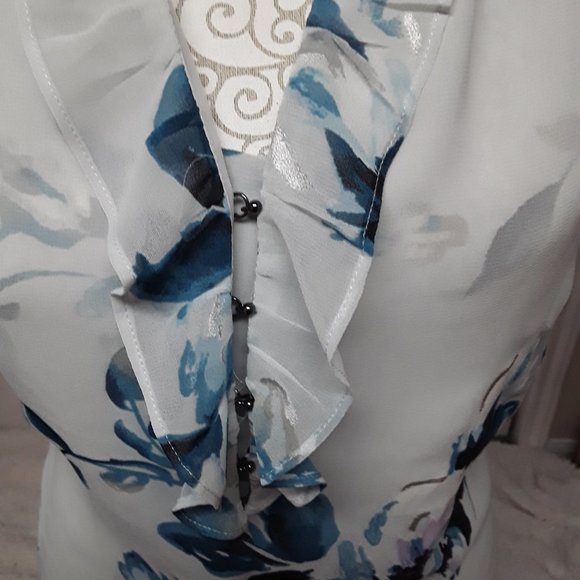 Floral Ruffle Women's Top - Blue and White - Picture 4 of 6